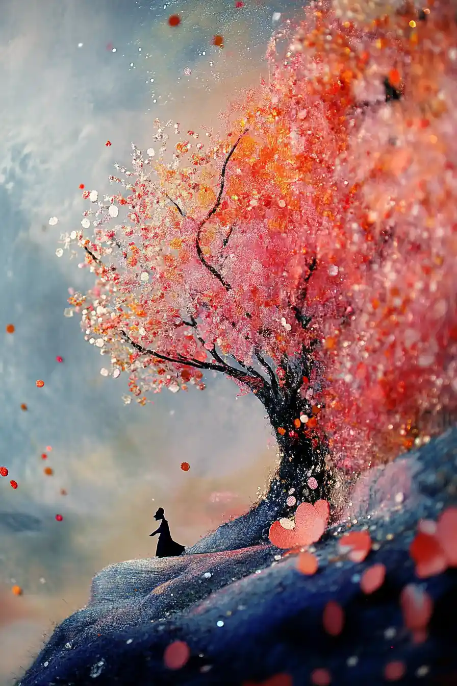 Traumhafte bestickte Blumenlandschaft, die sich in Bewegung auflöst