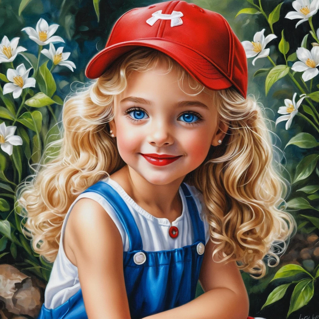 Smiling blonde girl in red cap with cute puppy illustration