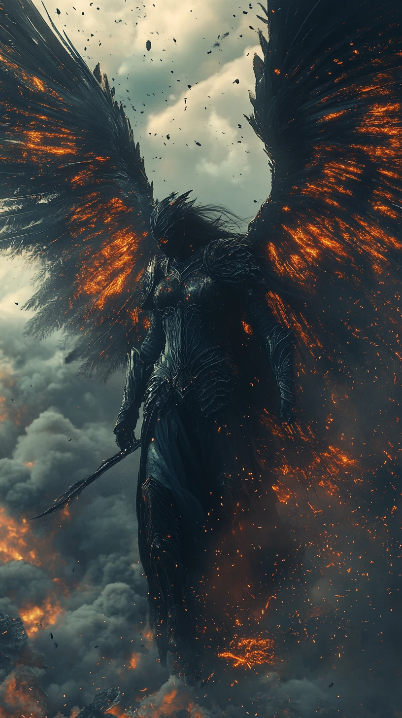 Dark valkyrie descending from storm clouds with lightning