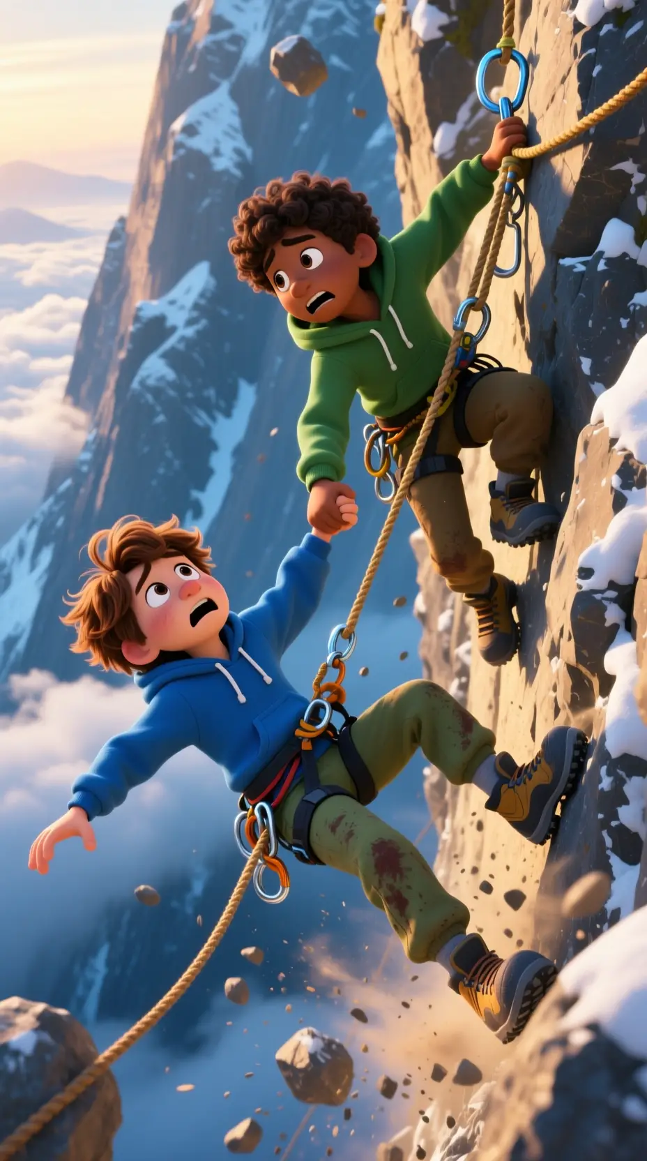 Two boys climbing a mountain cliff in a dramatic rescue