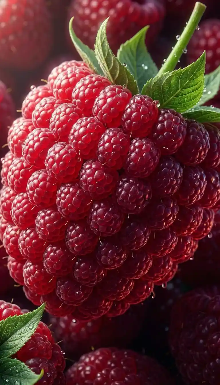 Lebendiger Nahaufnahme einer leuchtenden Himbeere aus kleineren Himbeeren