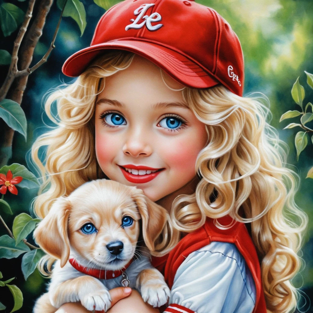 Chica rubia sonriente con gorra roja y adorable cachorro