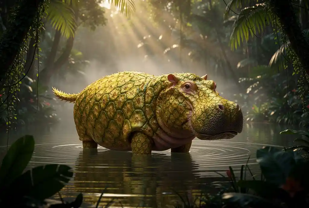 Ippopotamo con pelle di ananas in un lago di foresta tropicale