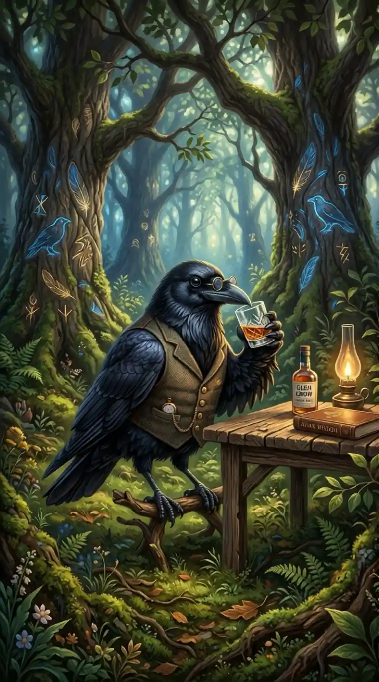 Elderly crow in waistcoat enjoying whisky in sunlit forest