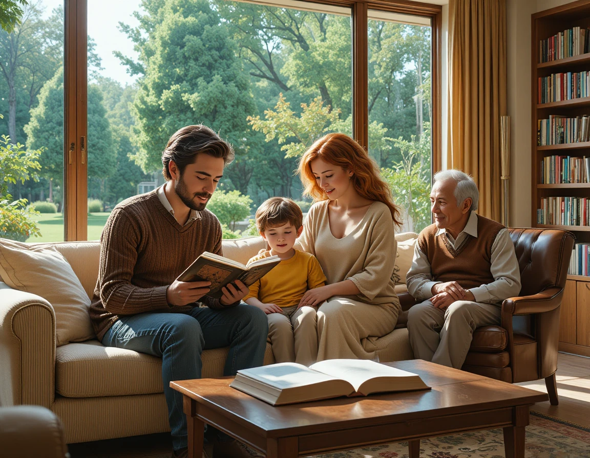Family relaxing in a sunlit living room with garden view