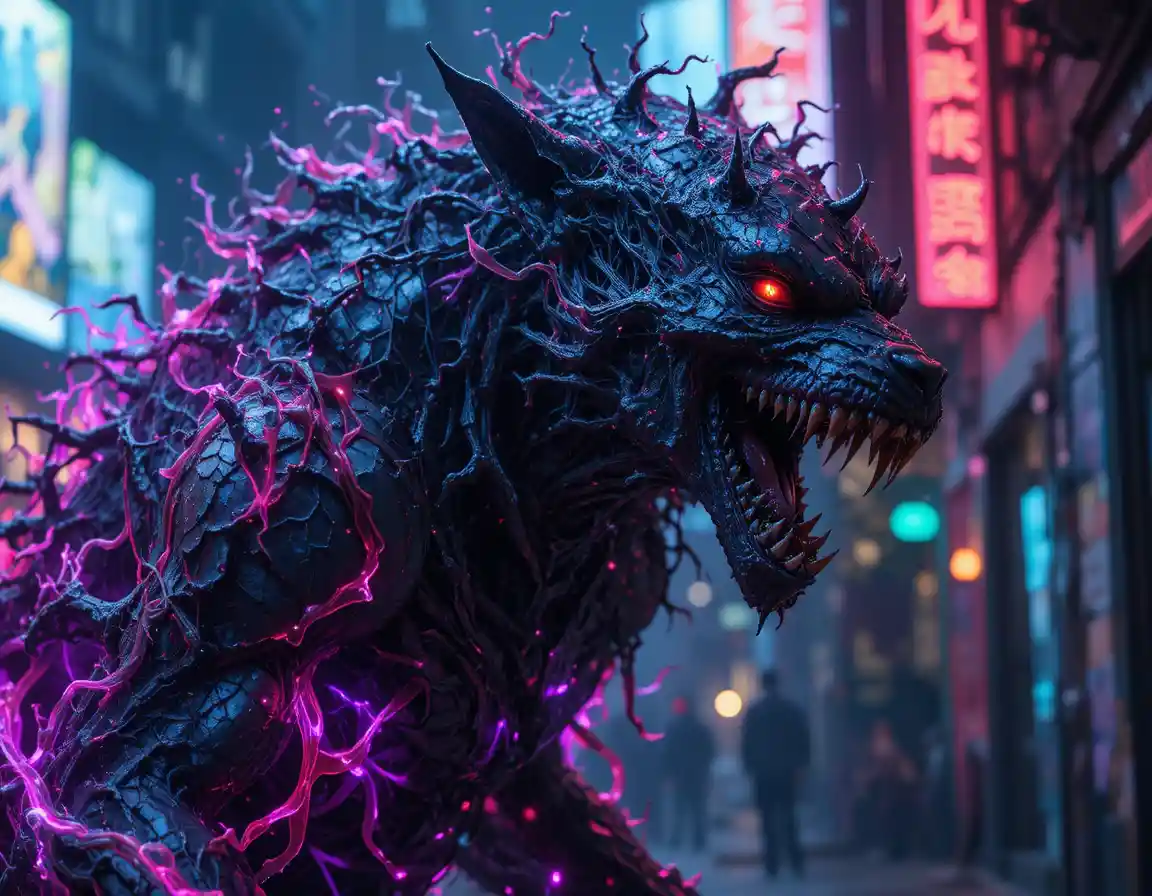 Snarling cyberpunk monster with glowing eyes in profile