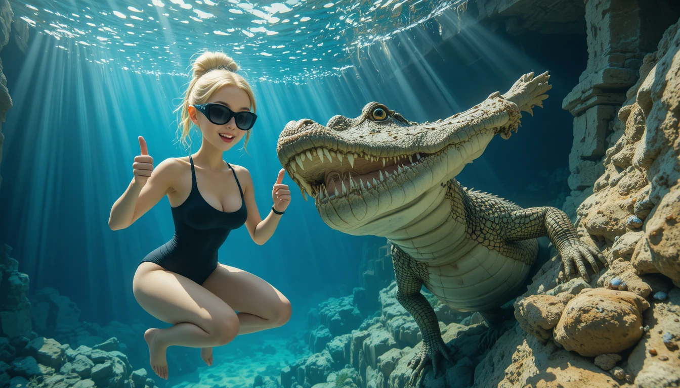 Two women underwater with a large saltwater crocodile