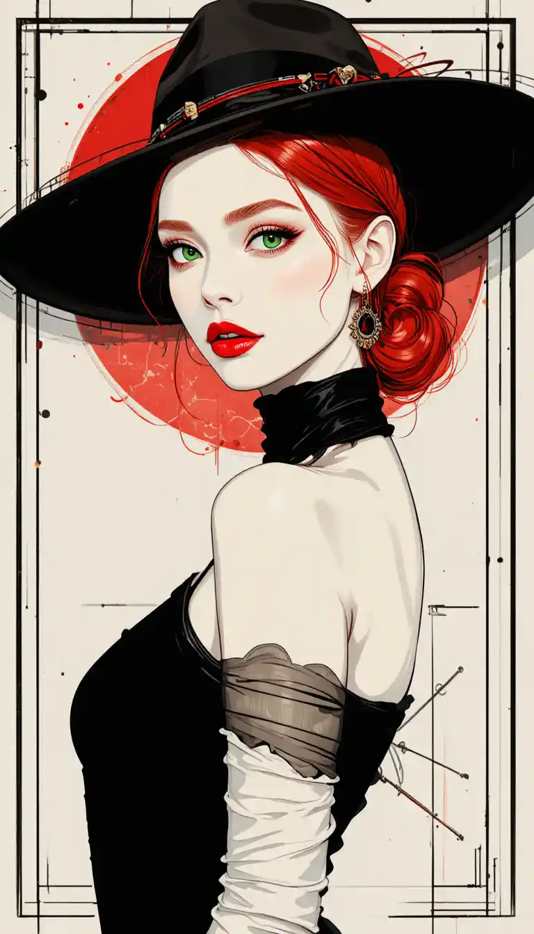 Minimalist woman in black hat and evening gown illustration