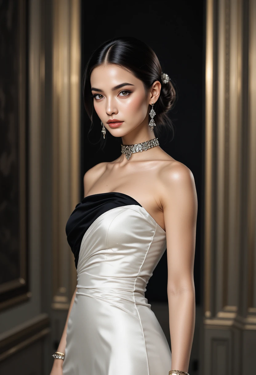 Mujer elegante con vestido de alta costura negro – ilustración de moda