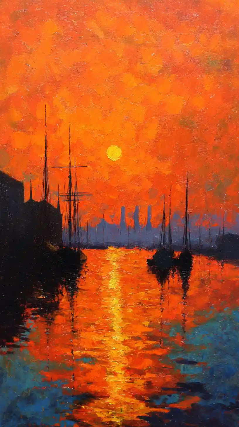 Lever de soleil impressionniste sur un port paisible avec bateaux en silhouette