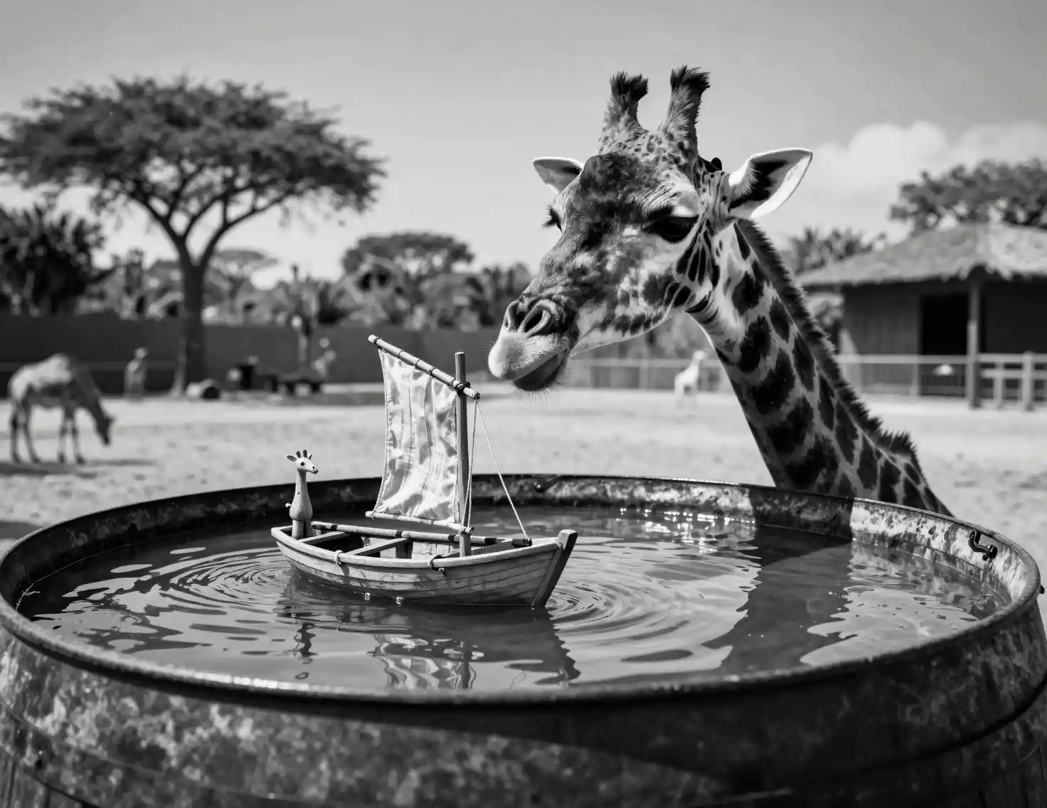 Giraffe Blowing A Tiny Boat Across Barrel Water