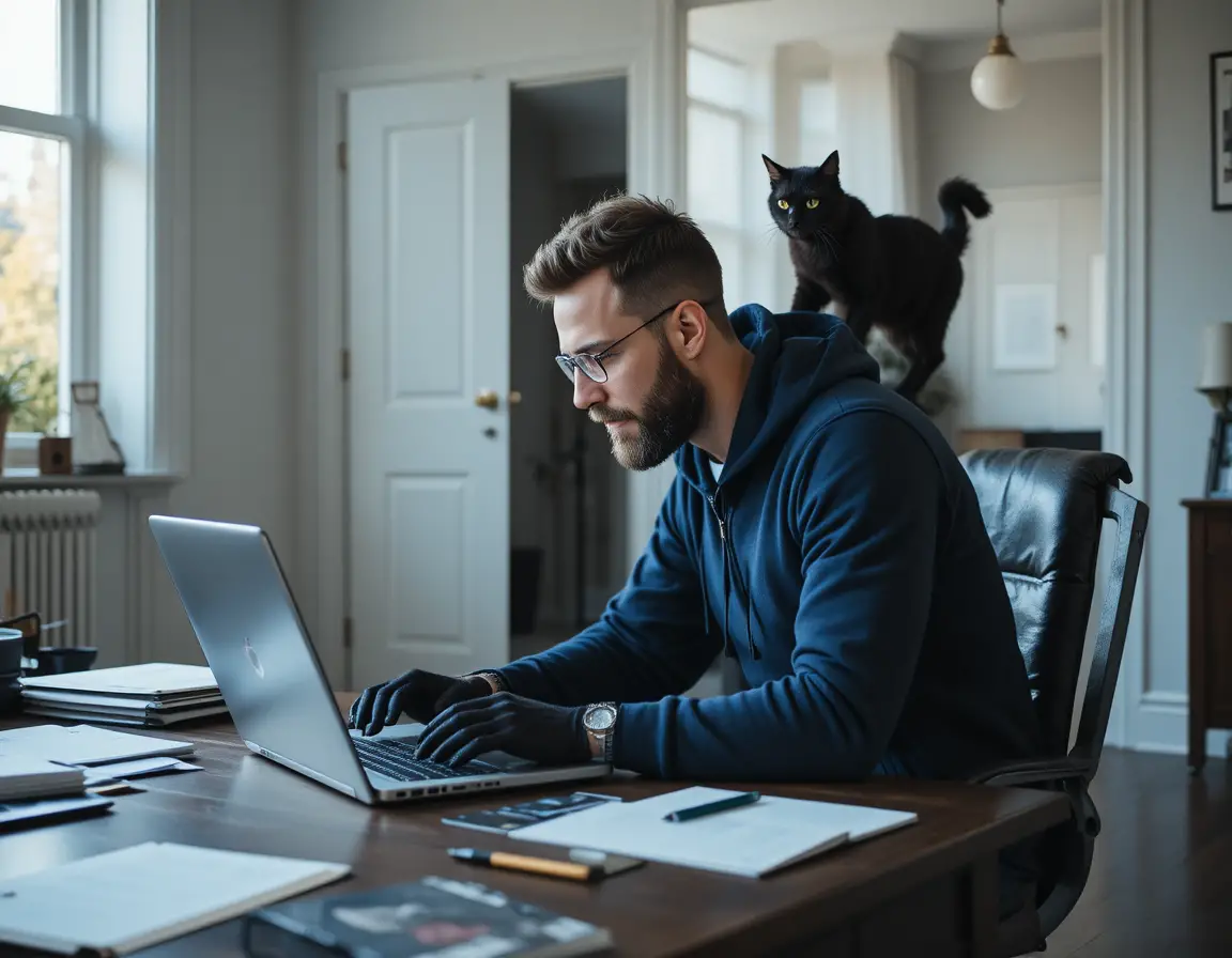 Man working from home at laptop in modern office