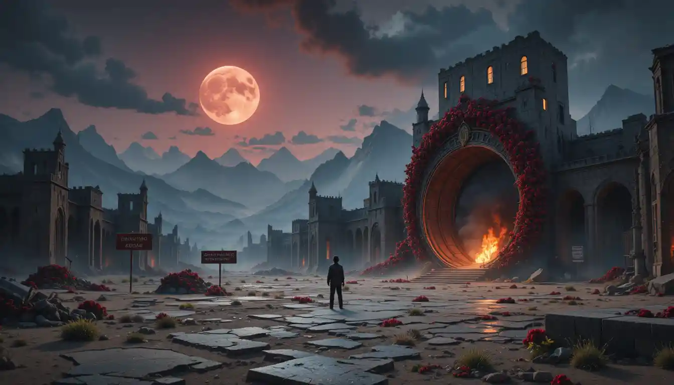 Dark portal in a barren desert under a blood red moon