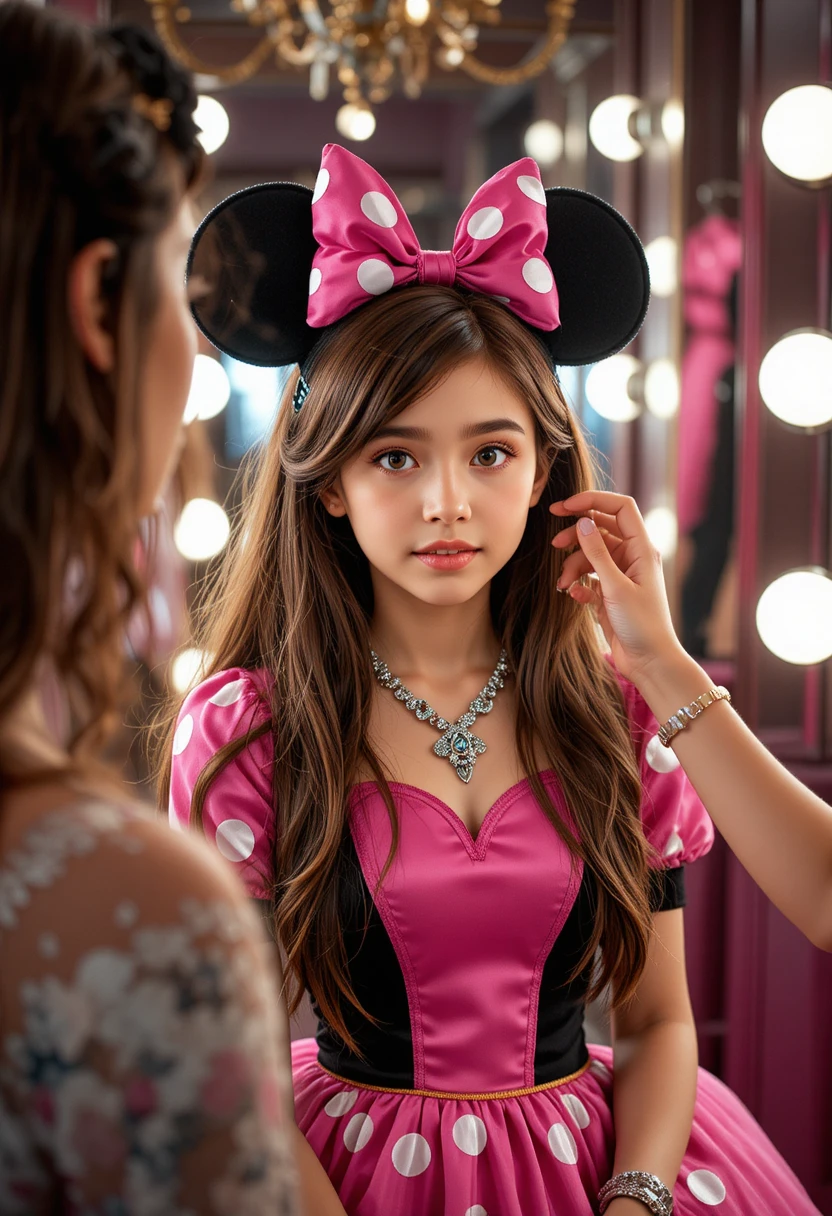 Giovane ragazzo in vestito di Minnie truccato nel retro di una boutique