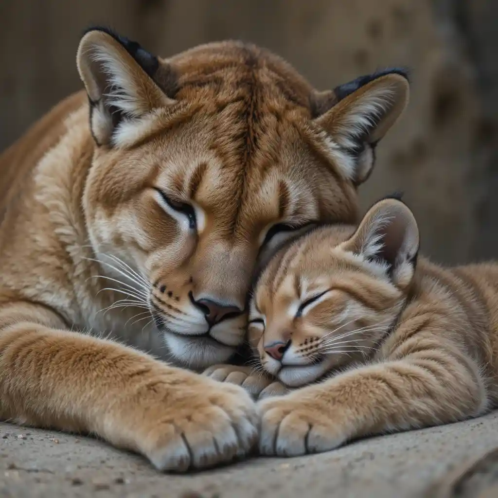 Erwachsener Puma kuschelt mit schlafendem Jungtier