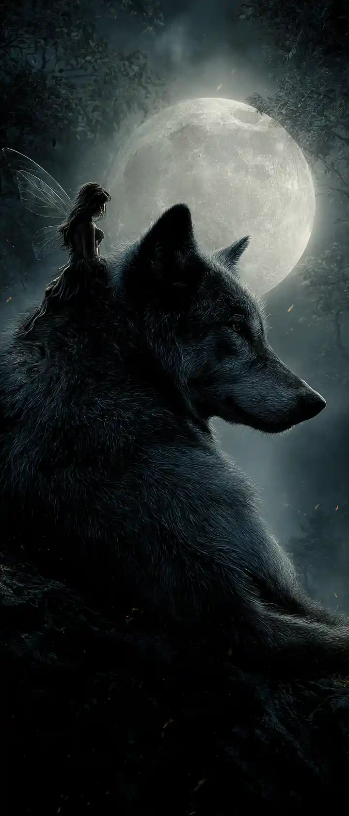 Wolf and fairy under a luminous full moon