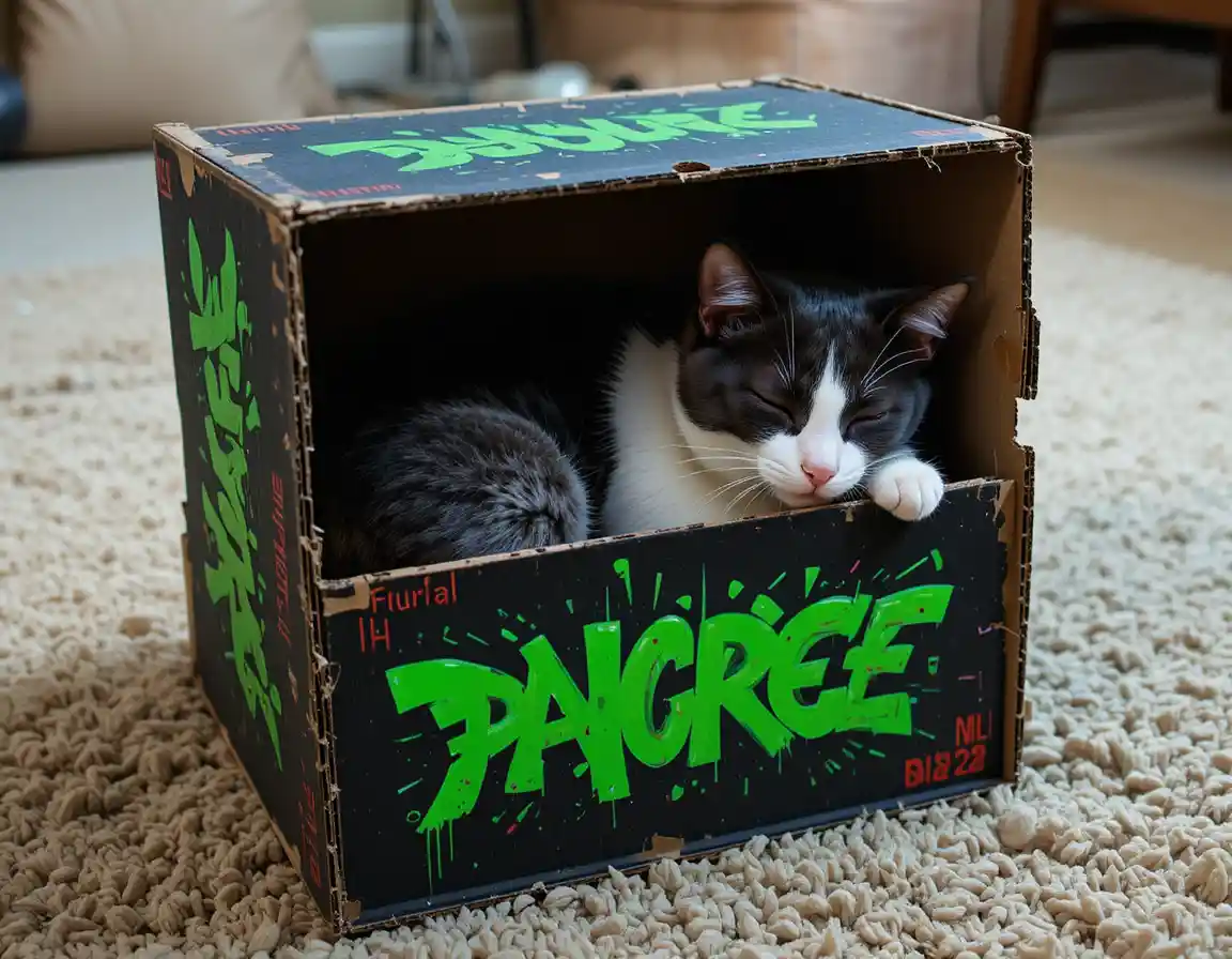 Sleeping cat in a cardboard box on a patterned carpet