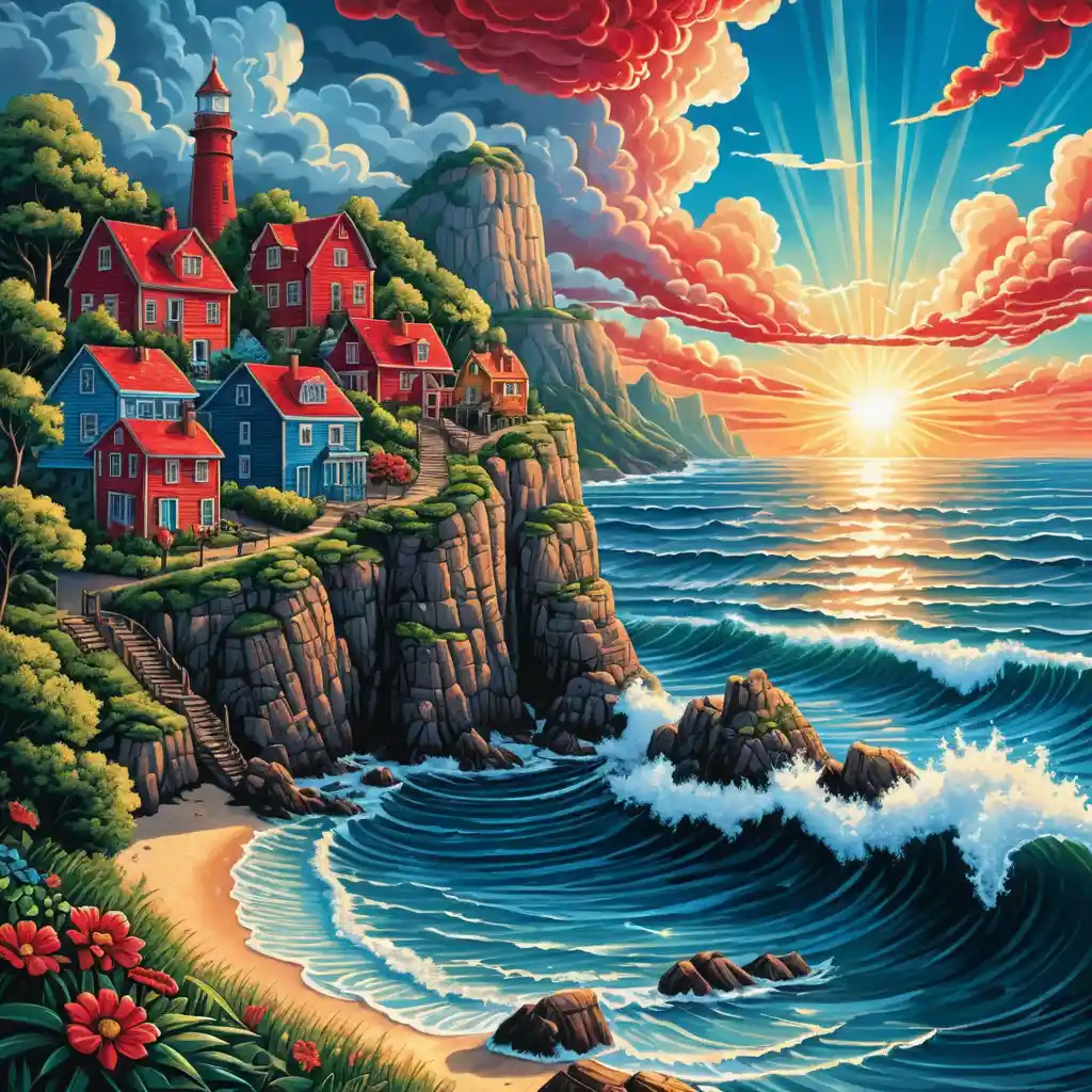 Colorful seaside town on cliffs beneath radiant summer sunbeams