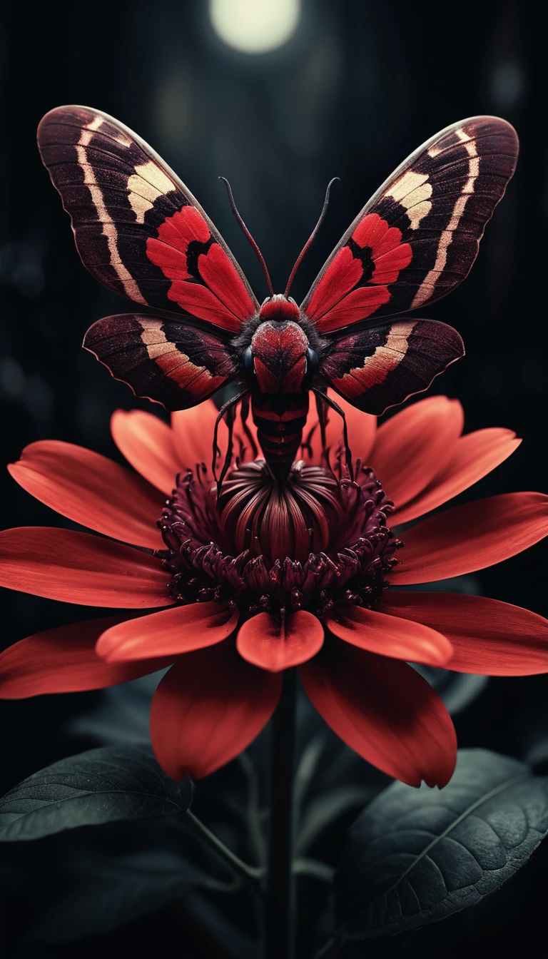 Schwärmer auf verdrehter purpurroter Blume im surrealen Kerzenlicht
