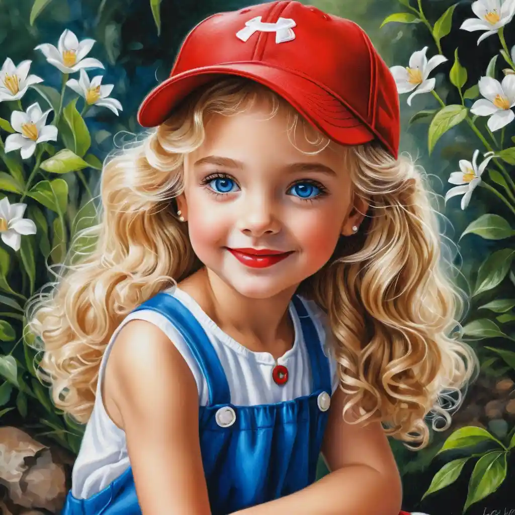 Niña rubia sonriente con gorra roja y lindo cachorro – ilustración