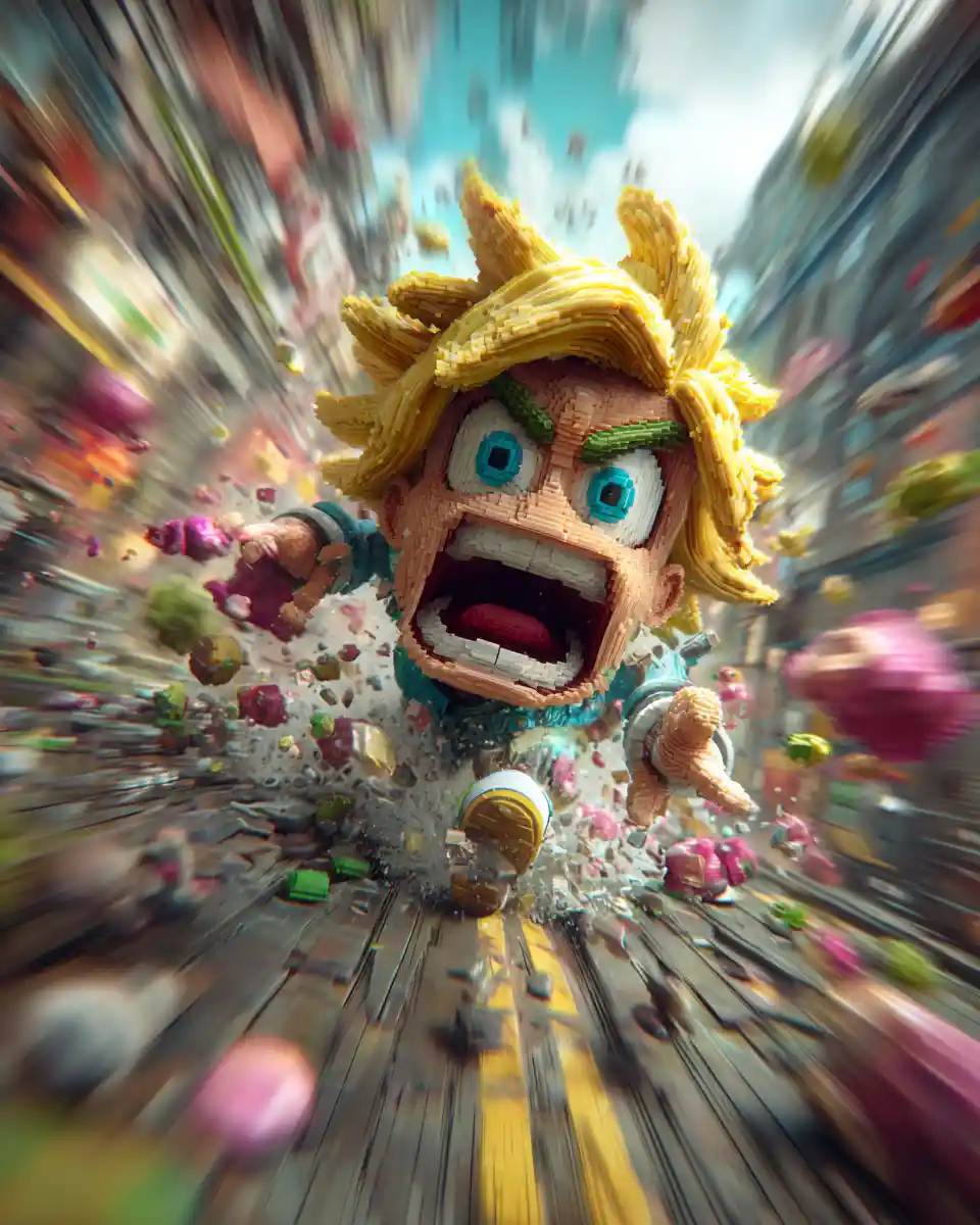 Cartoon character hit by explosive impact on city street