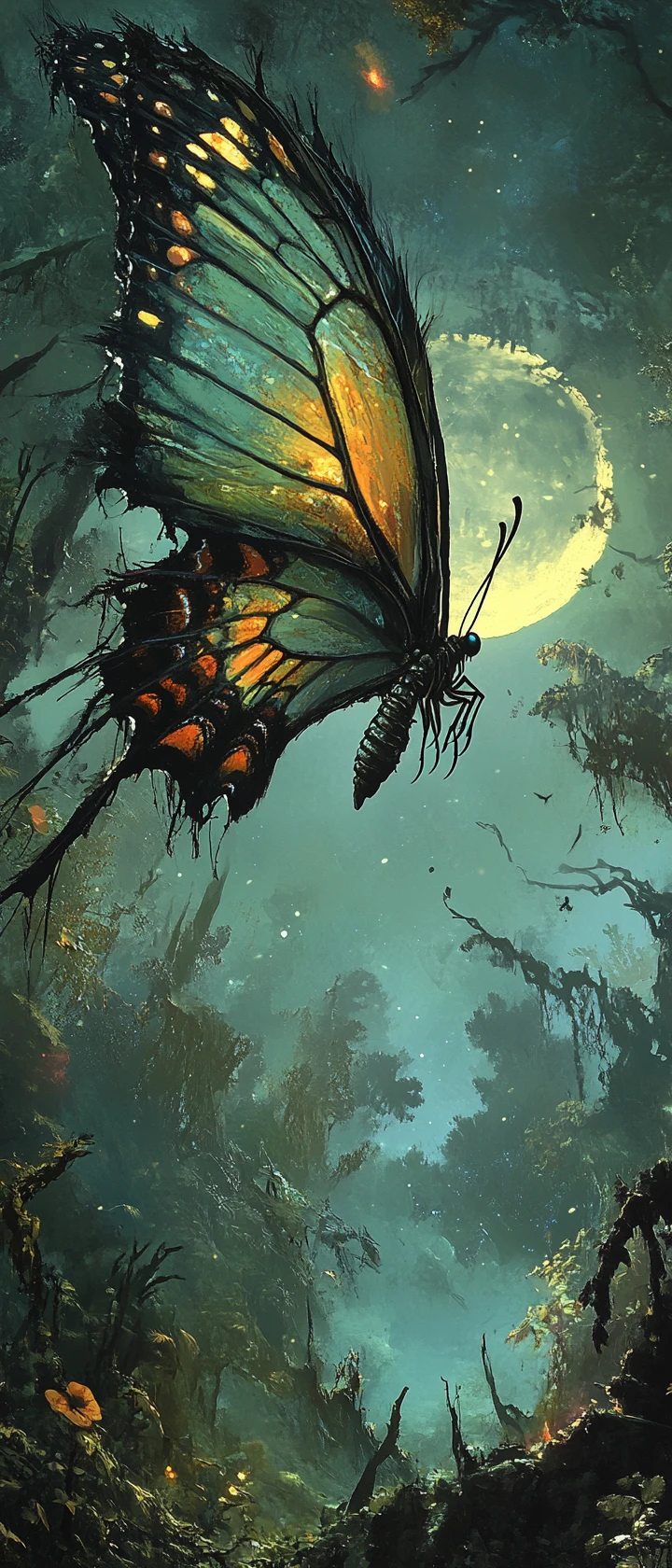 Giant butterfly hovering over a moonlit forest clearing