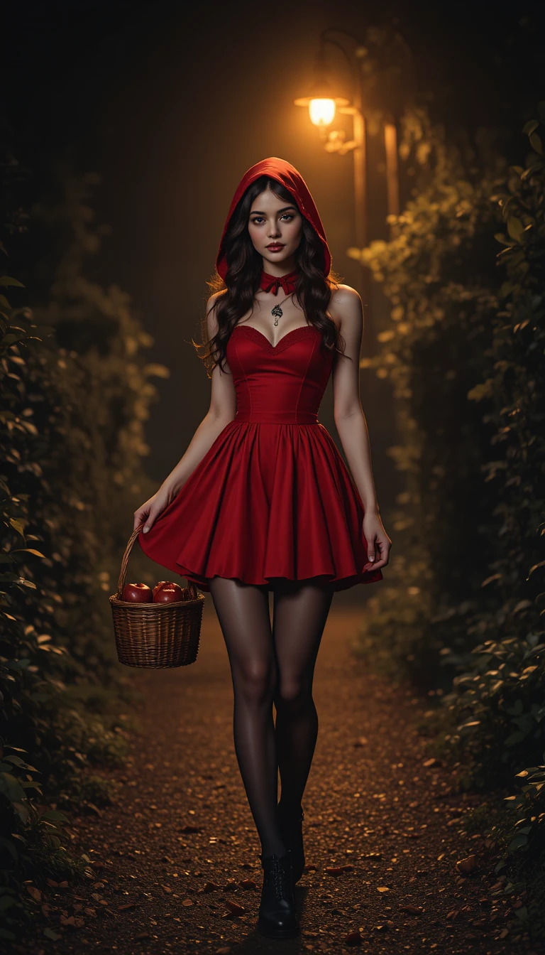 Young woman in red hood walking along dark forest path