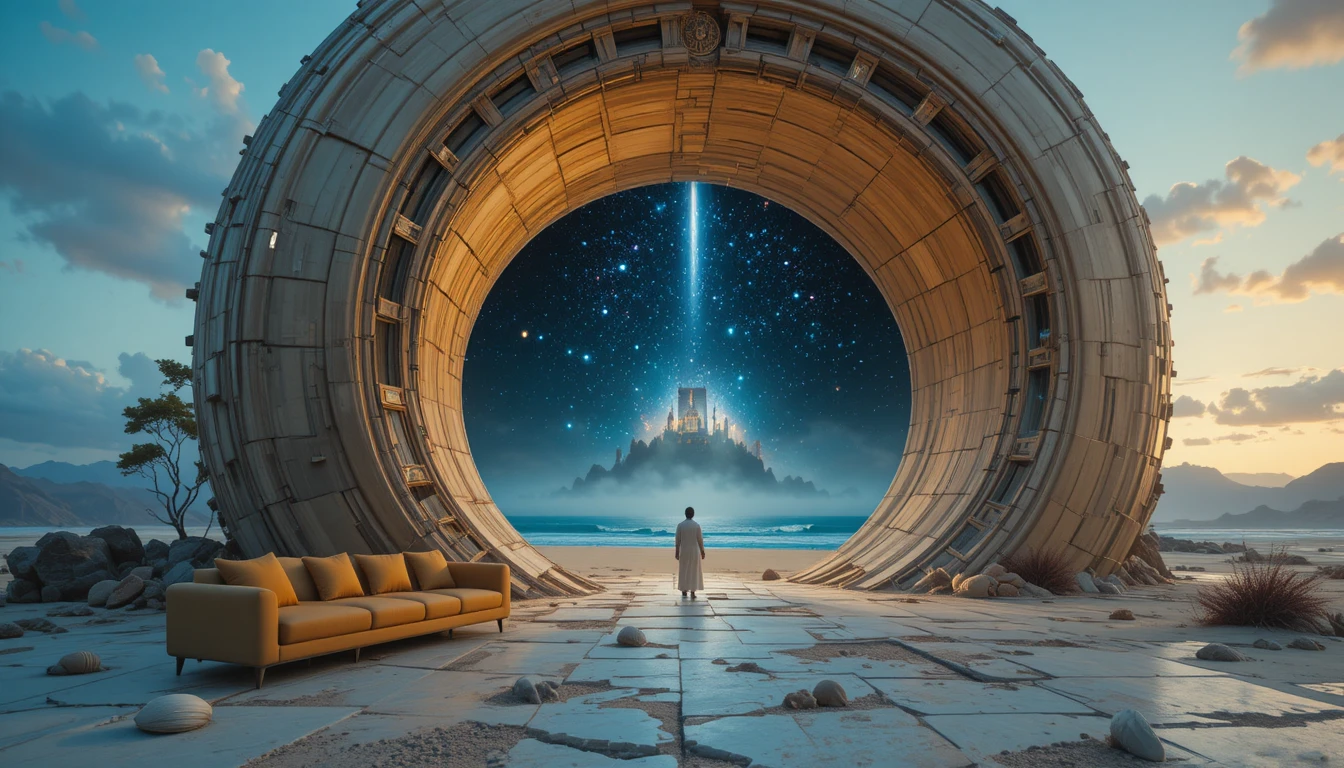 Edificio a spirale surreale che si innalza in un paesaggio cosmico al crepuscolo