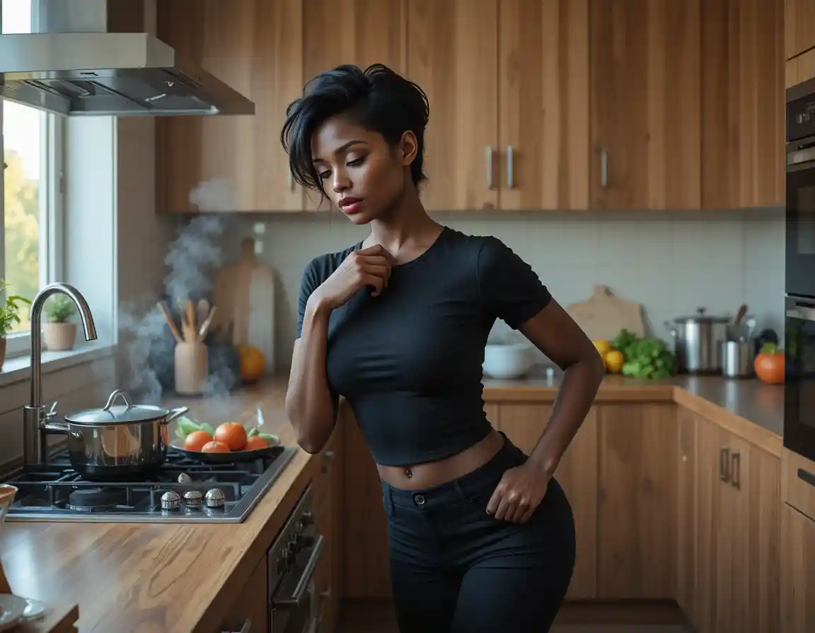 Donna nera che cucina in una cucina moderna illuminata dal sole
