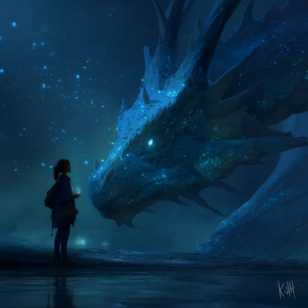 Lonely red haired figure facing a vast ethereal dragon