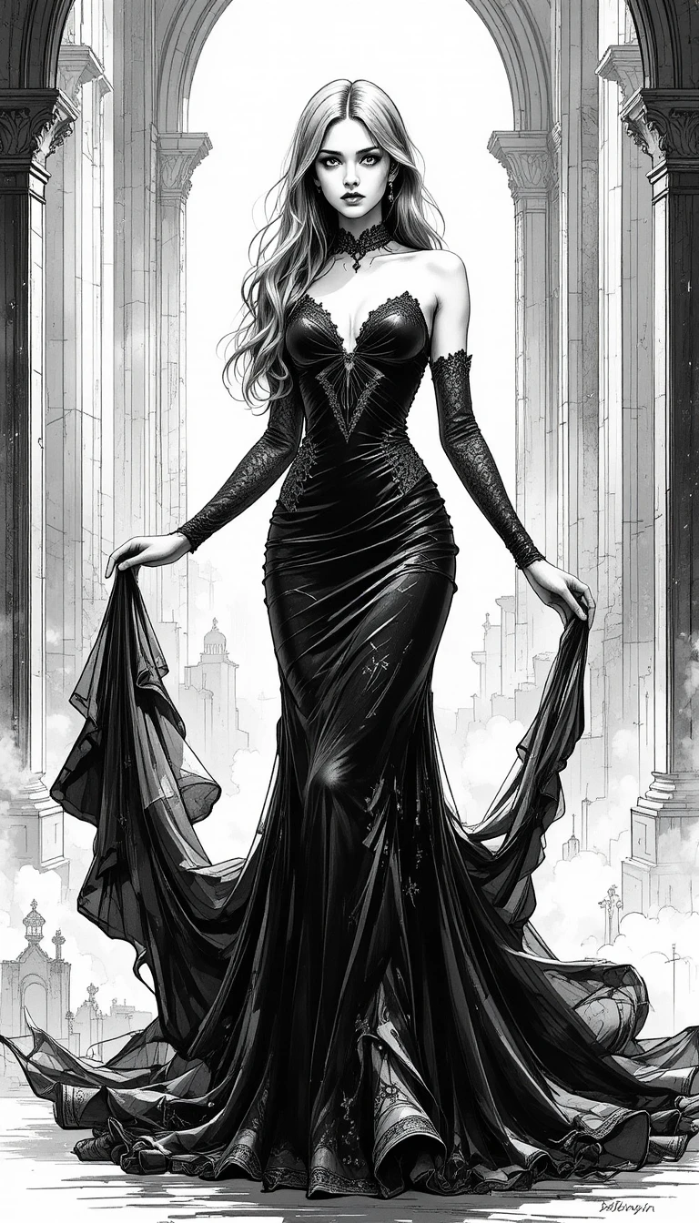 Elegante Frau im fließenden schwarzen Kleid – Tintenillustration