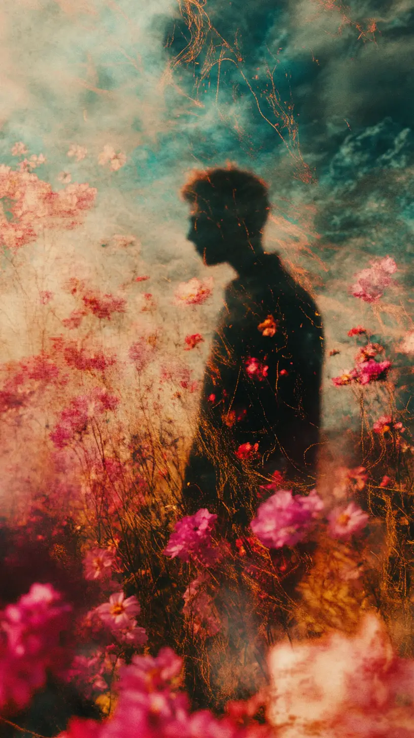 Dreamlike cinematic landscape dissolving into embroidered fields