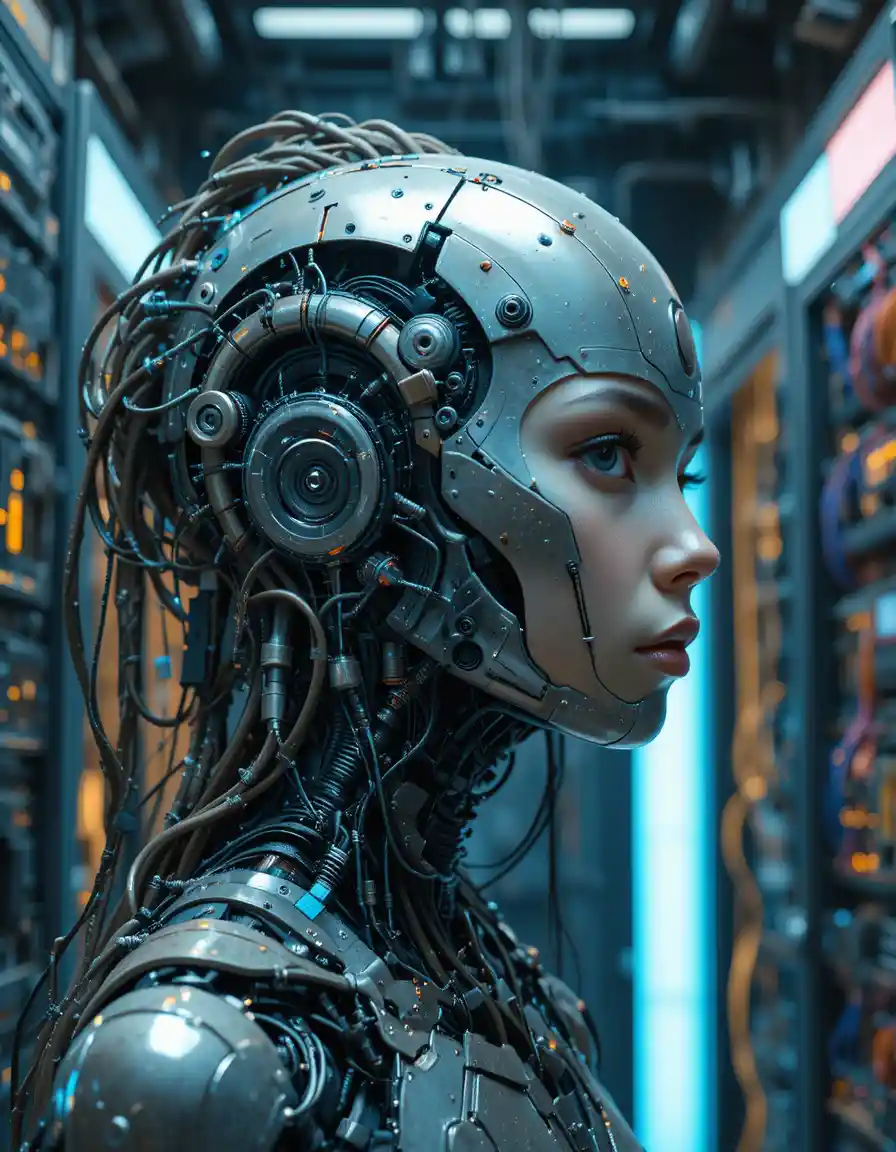 Donna cyborg cyberpunk collegata a cavi in un data hub