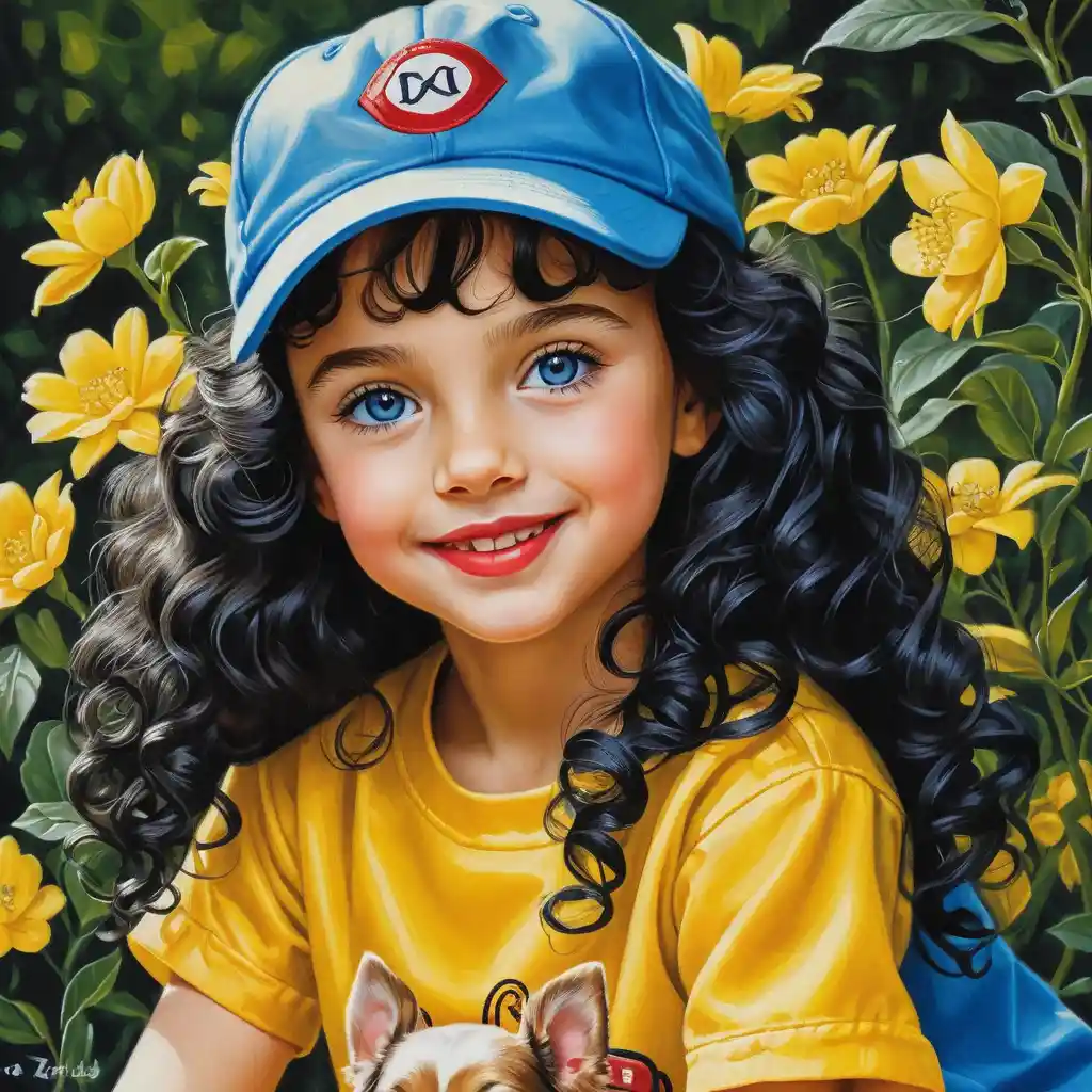 Smiling spring girl with puppy in yellow cap and outfit