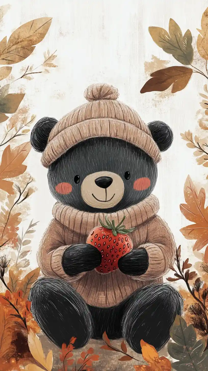 Adorable ours avec une fraise dans une douce illustration de forêt printanière