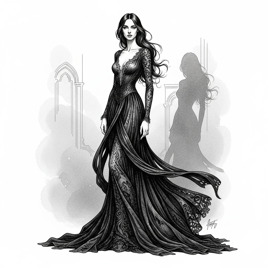 Elegante Frau im fließenden schwarzen Kleid – Tintenillustration