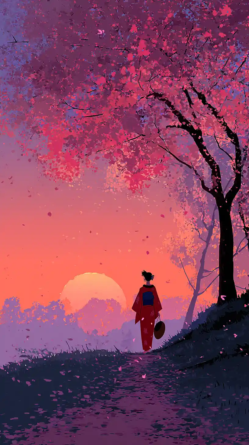 Geisha walking through a blossom landscape at sunset