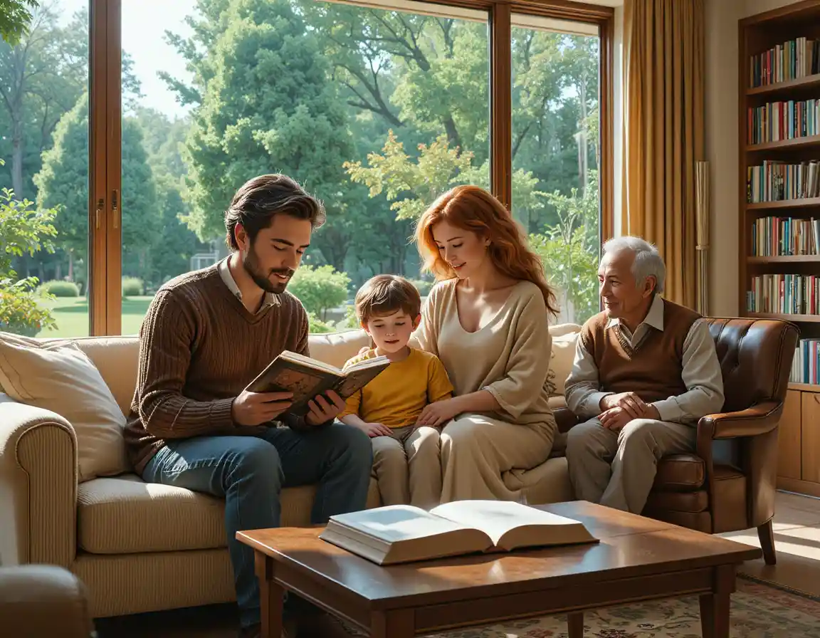 Family relaxing in a sunlit living room with garden view