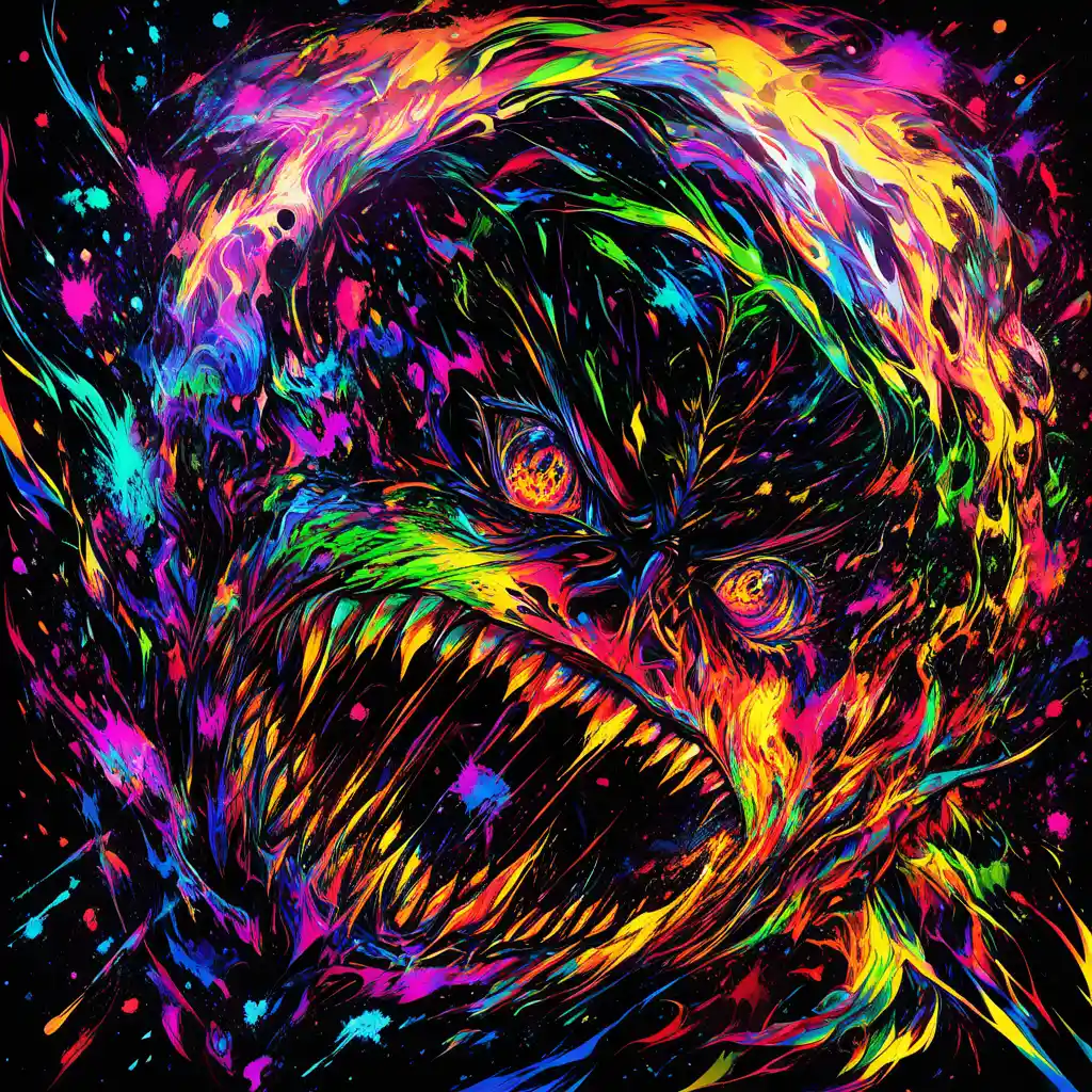 Demonic man in monochrome ink with neon splatter horror