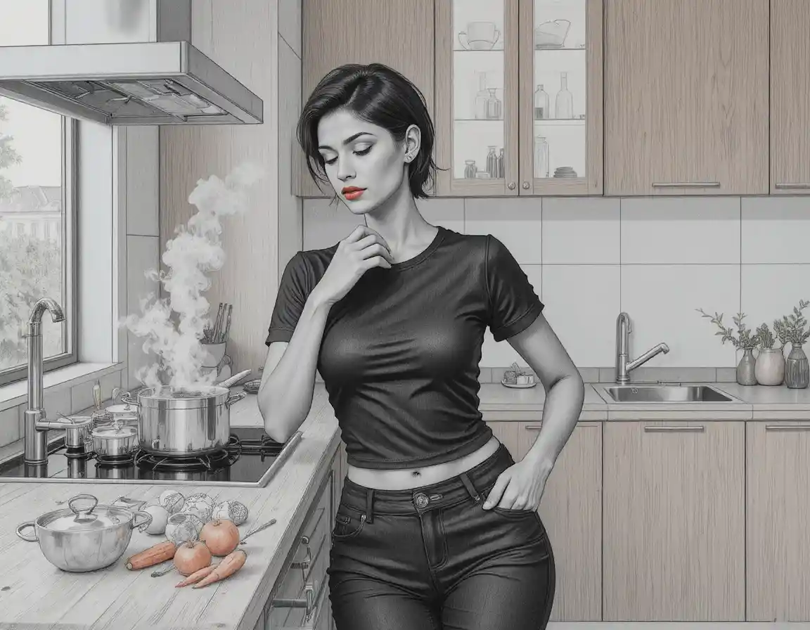 Focused black woman cooking in a warm modern kitchen