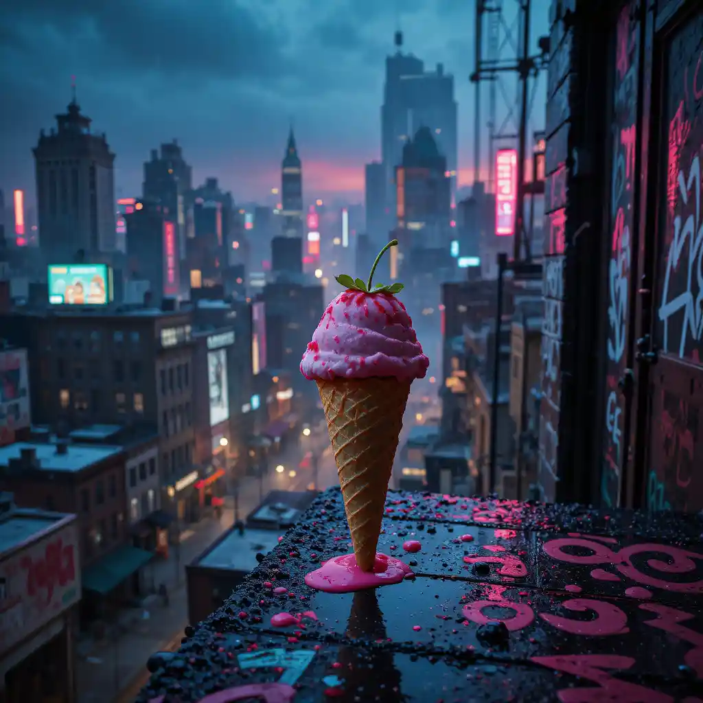 Cono gelato alla fragola su scala antincendio urbana al neon e grintosa