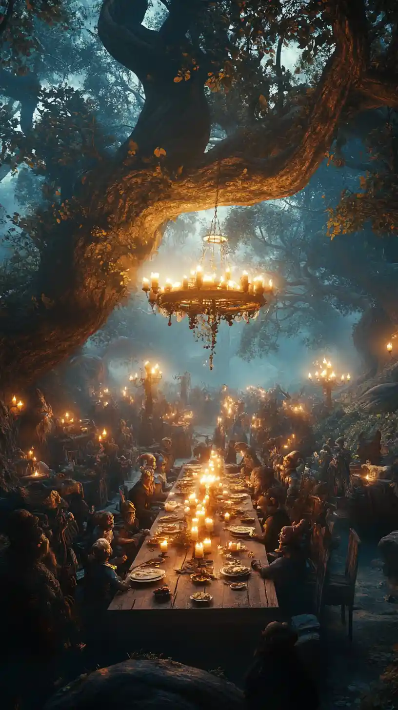 Mythical creatures feasting in an enchanted forest tavern at dusk