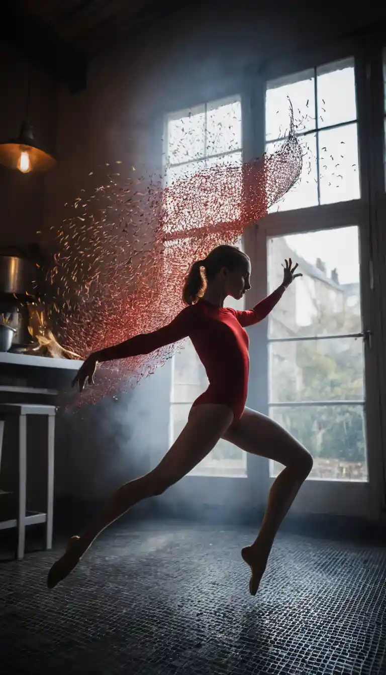 Dancing woman framed by toaster slot with rising toast