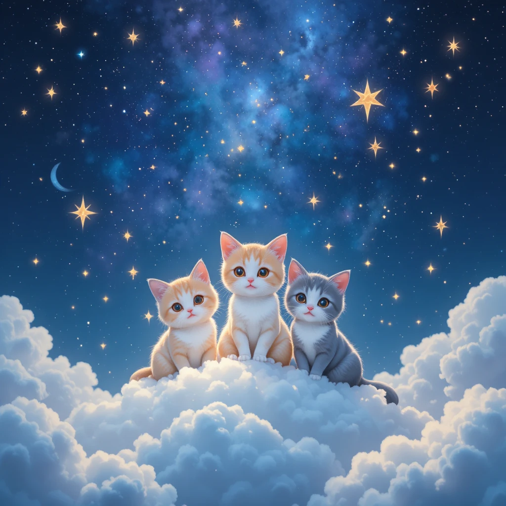 Cute anime cats resting on clouds under a magical night sky