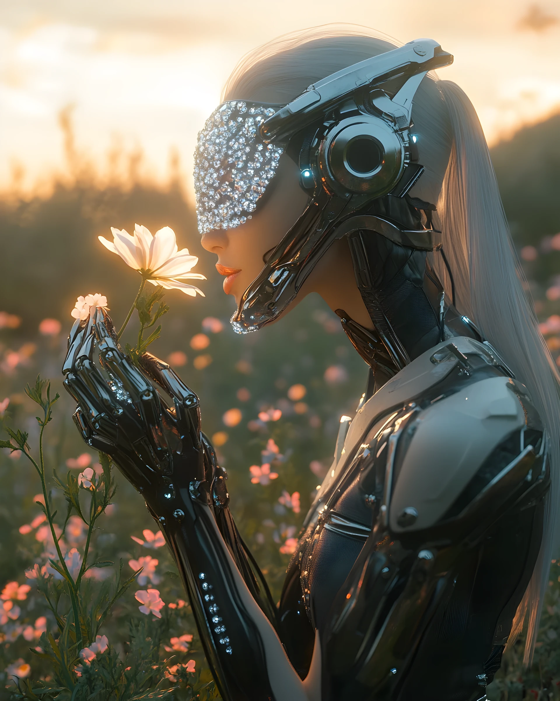 Cybernetic woman smelling a flower in a vibrant field