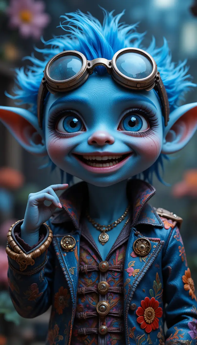 Niedliches blaues Fantasy-Wesen als Wissenschaftler mit Steampunk-Brille