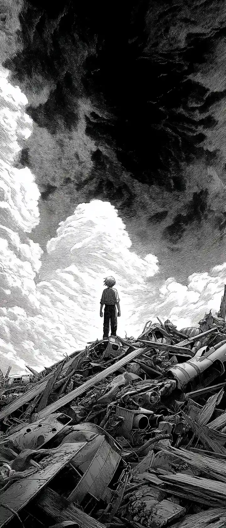 Lone survivor atop a mountain of war debris