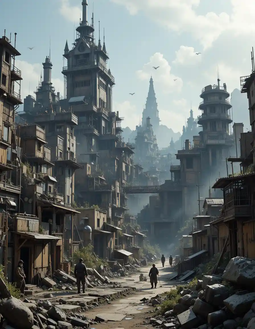 Cidade fortaleza cyberpunk de bandoleiros em um ermo arruinado