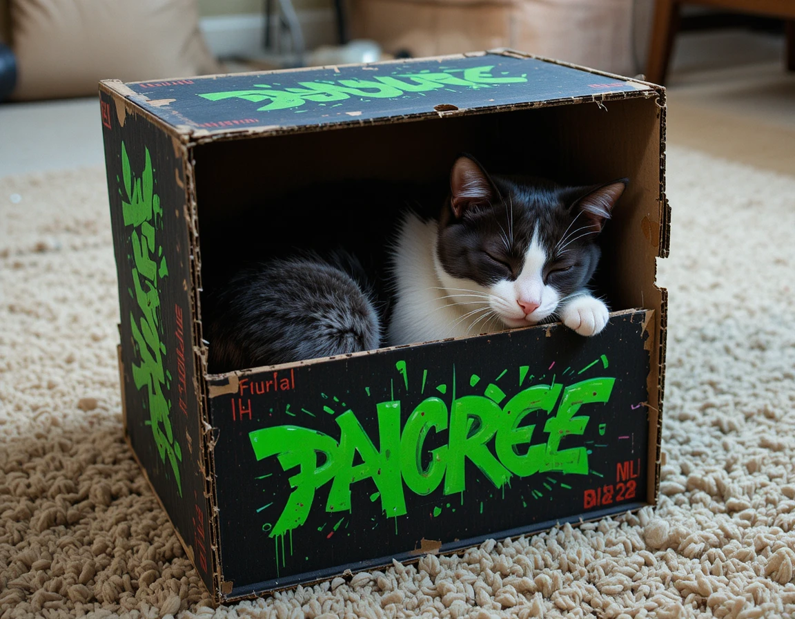 Sleeping cat in a cardboard box on a patterned carpet
