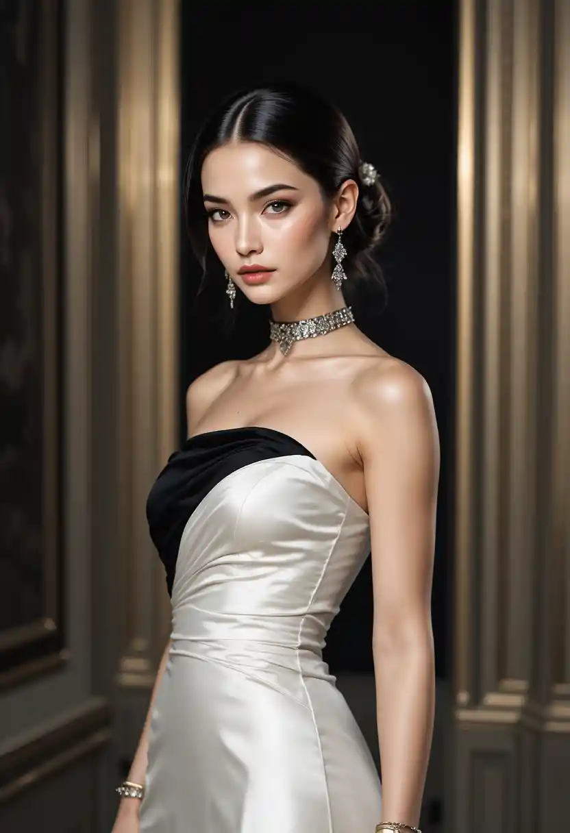 Mujer elegante con vestido de alta costura negro – ilustración de moda